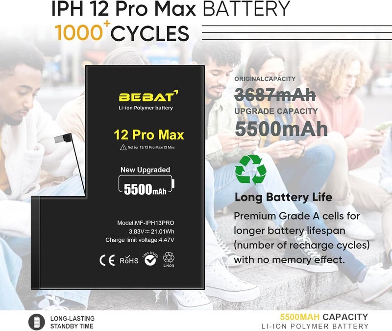 BEBAT Replacement for iPhone 12 Pro Max Battery, 5500mAh High Capacity Li-ion Polymer Replacement Battery for Model A2410 A2411 A2412 A2342 with Professional Repair Tool Kits - Image 5
